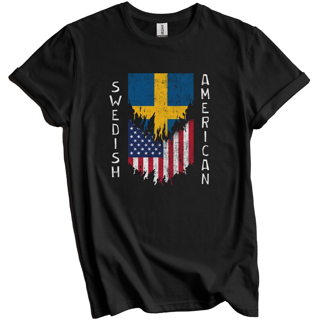 เสื้อยืดสวีเดน American Flags Ripped Torn Sweden