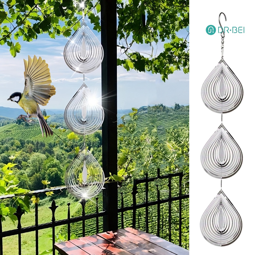 DR.BEI 3D Waterdrop Wind Spinner Bird Scare ตกแต่งสวนกลางแจ้ง Yard ฟาร์มแขวนโลหะกระดิ่งลมนก Deterrent อุปกรณ์เครื่องประดับ