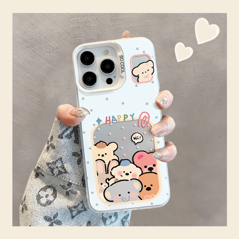 เคสครอบครัวหมีน้อยสำหรับ iPhone 16 16E 15 14 13 12 11 Pro Plus Max X XR Xs Max พิมพ์ขอบแบบรวมทุกอย่าง เคสกันกระแทกกล้อง