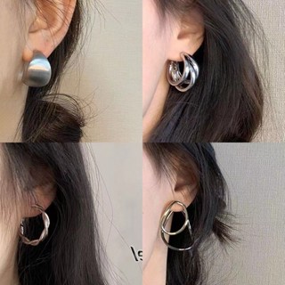 DREW เงินโลหะหลายชั้นวงกลมต่างหูสไตล์เศษไม้ซอกเรียบง่ายต่างห…