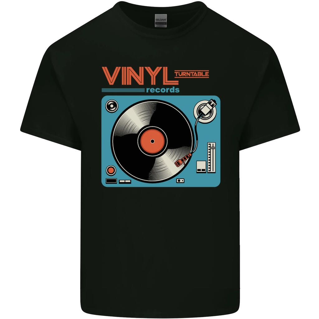 Retro Vinyl Records Turntable Dj Music เสื้อยืดผ้าฝ้ายบุรุษ