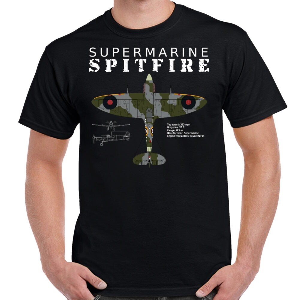 Retro Style 80s 90s Graphic Supermarine Spitfire Color Blueprint Mens T-Shirt
