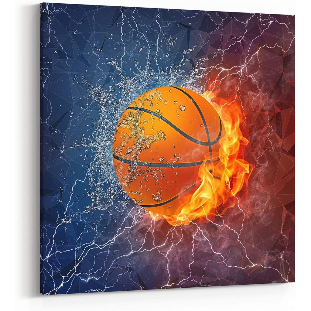 ผ้าใบบาสเกตบอล Wall Art, Cool Sport Ball บน Fire และน้ําบทคัดย่อ Giclee พิมพ์ตกแต่งบ้านแขวน, 24x24 น
