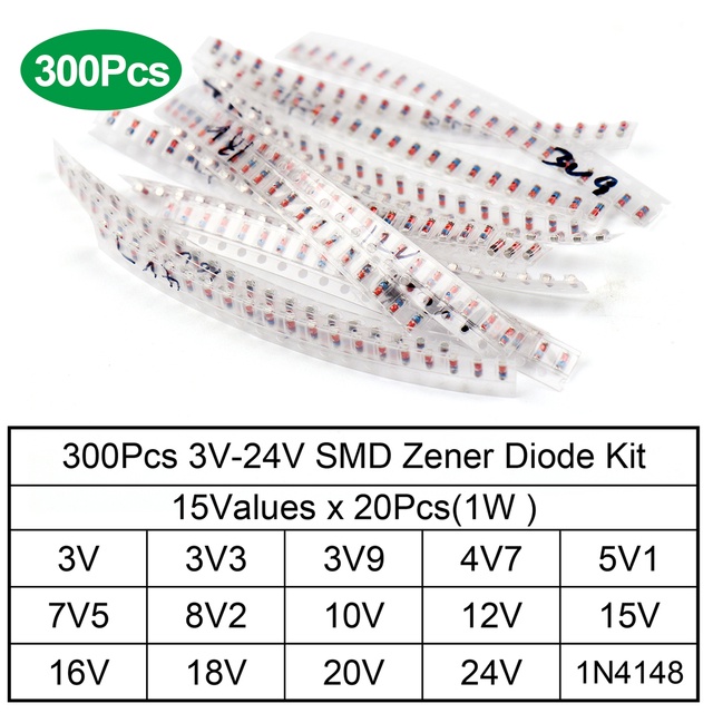 300Pcs SMD LL34 Diodes Kit 3V 3V3 3V9 4V7 5V1 7V5 8V2 10V 12V 15V 16V 18V 20V 24V 1N4148 1/2W Zener 
