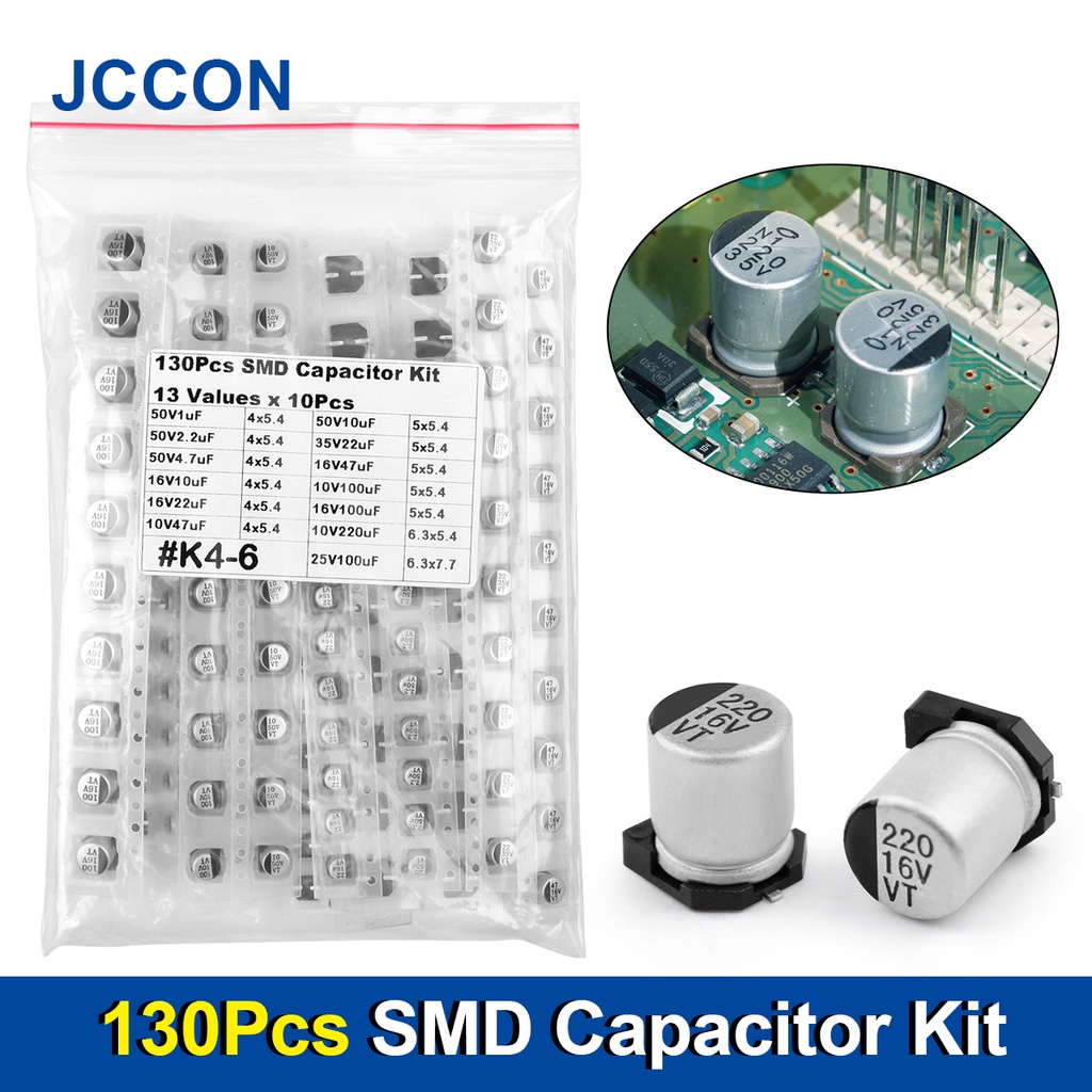 130 ชิ้น JTCON SMD อลูมิเนียม Electrolytic Capacitor Assortment Kit 13 ค่า 1uF-220uF 1uF 2.2uF 4.7uF