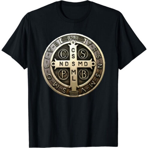 เซนต์ใหม่ล่าสุด Benedict Medal Saint Benedict Cross เสื้อยืดคริสเตียนคาทอลิก