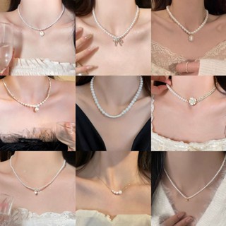 เดรช สร้อยคอโบว์ลูกปัดมุกเทียมเคลือบด้วยไฟฟ้าทองแท้