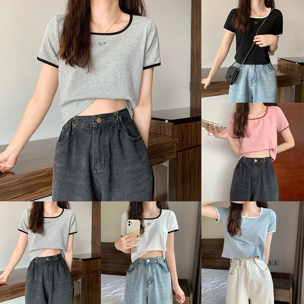 [LFT] เสื้อยืดแขนสั้นคอเหลี่ยมสําหรับผู้หญิงฤดูร้อนเกาหลีสลิมฟิตเสื้อ