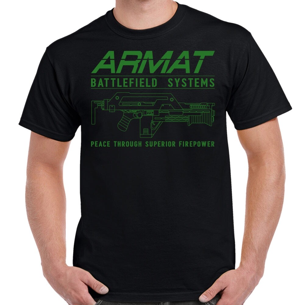 เสื้อยืดผู้ใหญ่ พิมพ์ลого Armat Systems M41A Pulse Rifle สีเขียว