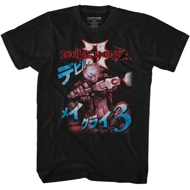 เสื้อยืดชายพร้อมลายตัวอักษรญี่ปุ่นจาก Devil May Cry โดย Capcom | สำหรับแฟนเกม Devil May Cry