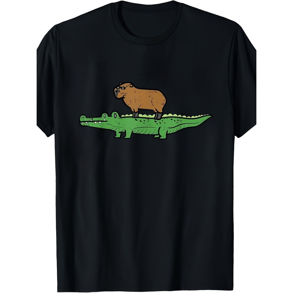A Unique Capybara ขี่เสื้อยืดกราฟิกจระเข้ - เสื้อยืดแขนสั้นคอกลมลําลองเหมาะสําหรับผู้ใหญ่
