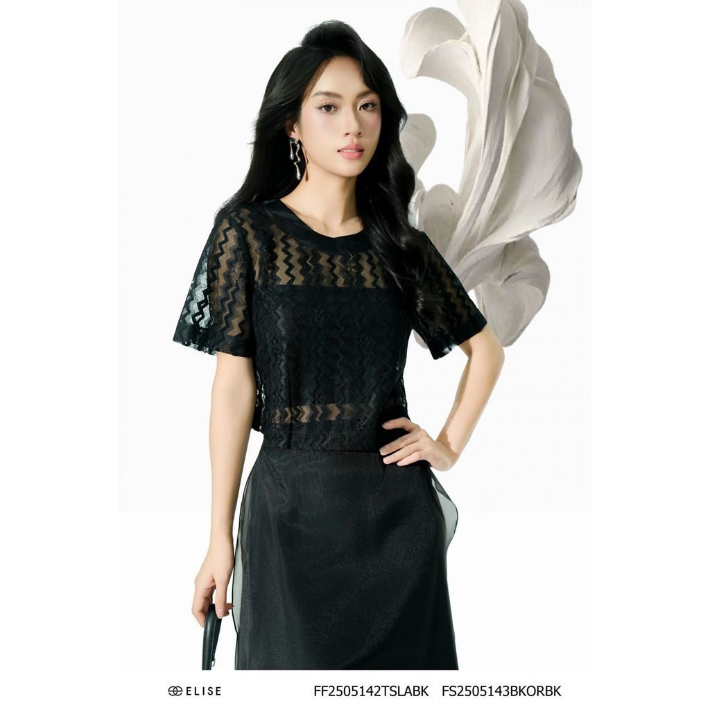 Elise FF design เสื้อลูกไม้ตาข่ายสีดําพร้อมเลื่อม2505142TSLABK (O2O)