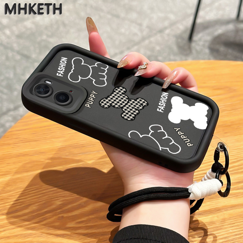 MHKETH เคสสำหรับ OPPO A36 A76 A96 เคสโทรศัพท์ซิลิโคนเชือกแขวนหมีน้อยน่ารัก