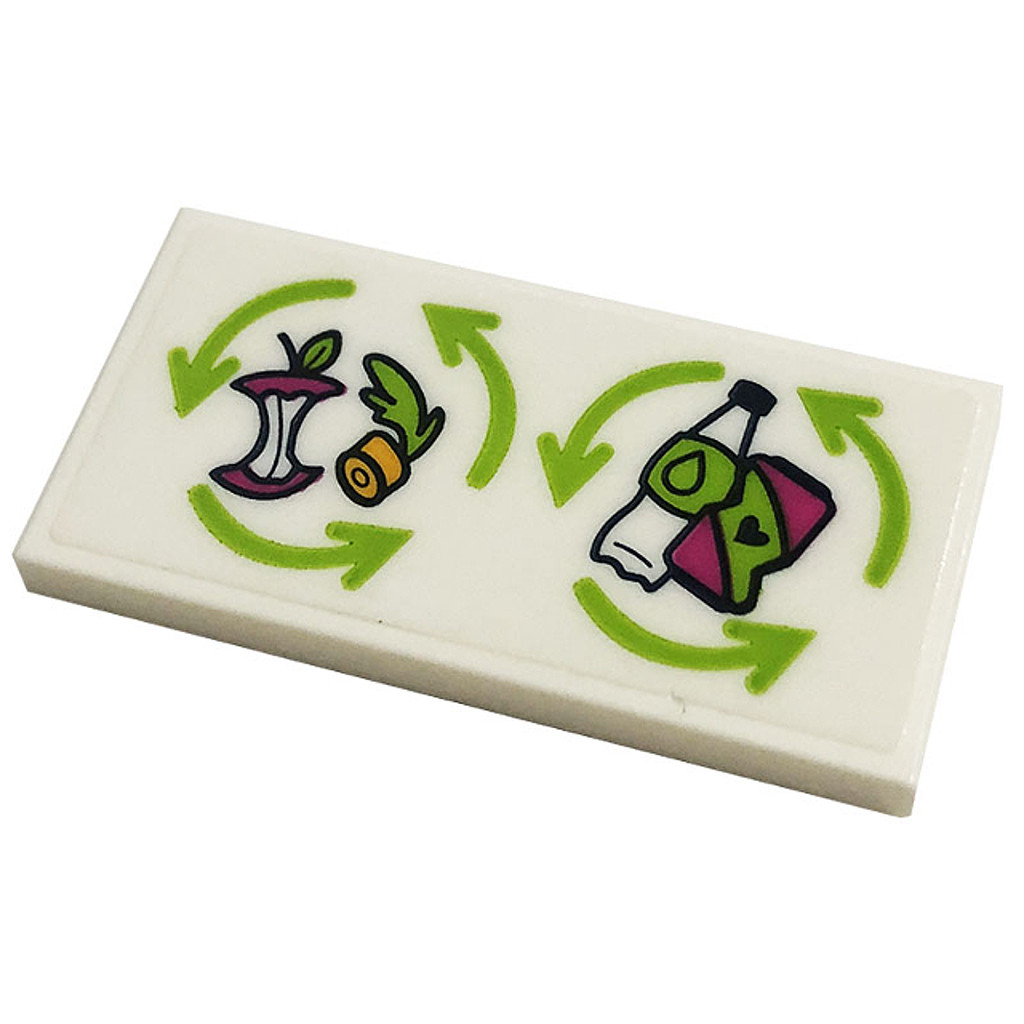 Brick2cube Part - Tile 2 x 4 with Lime Recycling Arrows, Apple Core, Carrot Top, Bottle and Can Patt