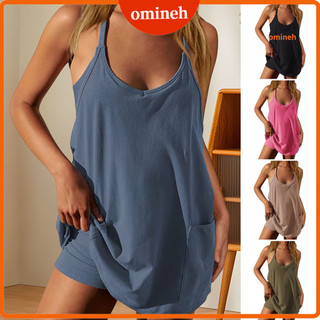 [omineh] Women Athletic Dress Spaghetti Strap Sleeveless Scoop Neck Mini Romper Dress with Built-in Shorts Summer Tennis Workout Active Outfits Beach Vacation Sundress