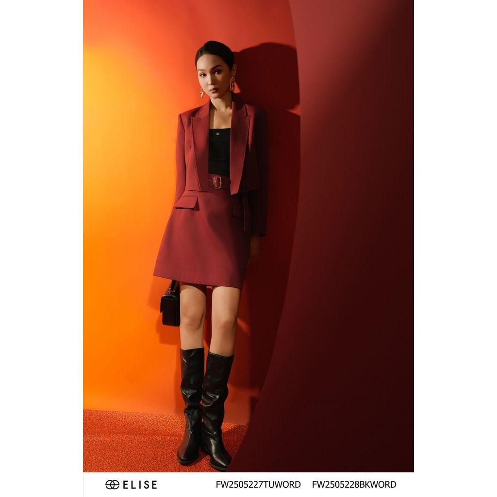 Elise FW กระโปรงผ้าโปร่งสีแดงเข้มพร้อมขอบเอว2505228BKWORD (O2O)