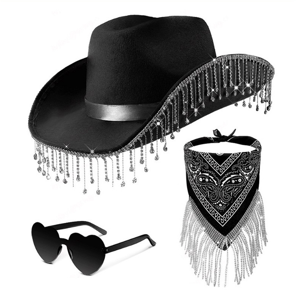 [WHT] 3 ชิ้น/เซ็ต Shining Rhinestone พู่ Cowgirl คาวบอยแจ๊สหมวกรูปหัวใจแว่นตากันแดด Bandanas ชุดผู้ห