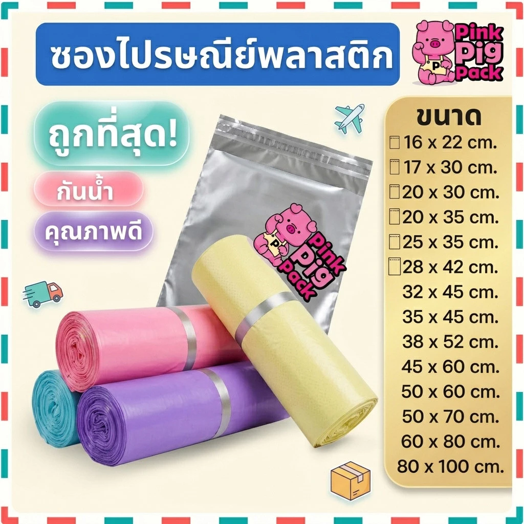 [🧡6สี ไซส์เยอะมาก🧡] PinkPigPack ถุงพัสดุ ถุงไปรษณีย์ หลากหลายสี มีกาวในตัว มัดละ 100ใบ มีถึง6สี