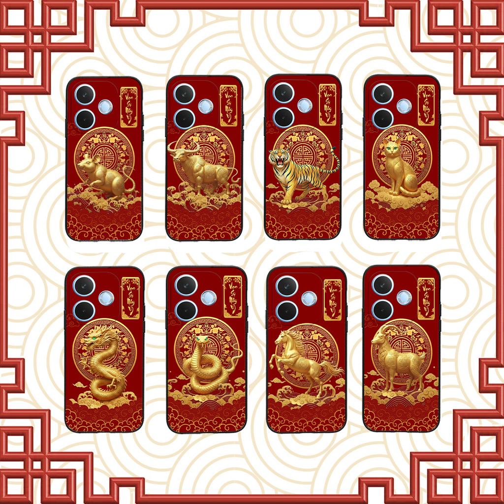 เคสยืดหยุ่น Oppo A5 Pro 5G, A5 2025 A5i Pro พร้อมชุดสัตว์นักษัตรแดง 12 ตัว ทุกปรารถนาและโชค