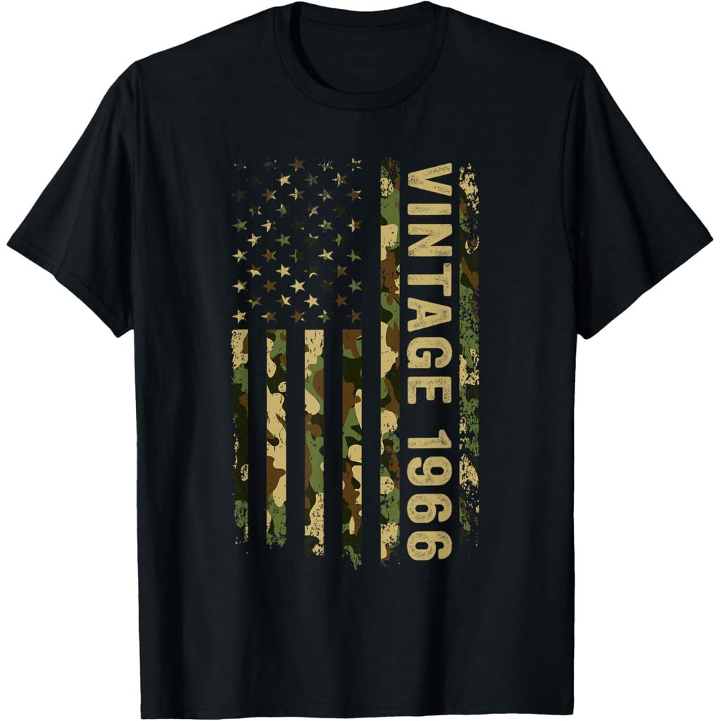 เสื้อยืดผ้าฝ้ายผู้ชาย Vintage 1966 60th Birthday Flag 60 Years Old Men T-Shirt