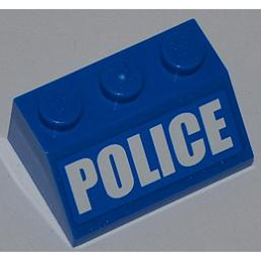 Brick2cube Part - Slope 45 2 x 3 with White 'POLICE' Bold Narrow Font on Blue Background Pattern (St