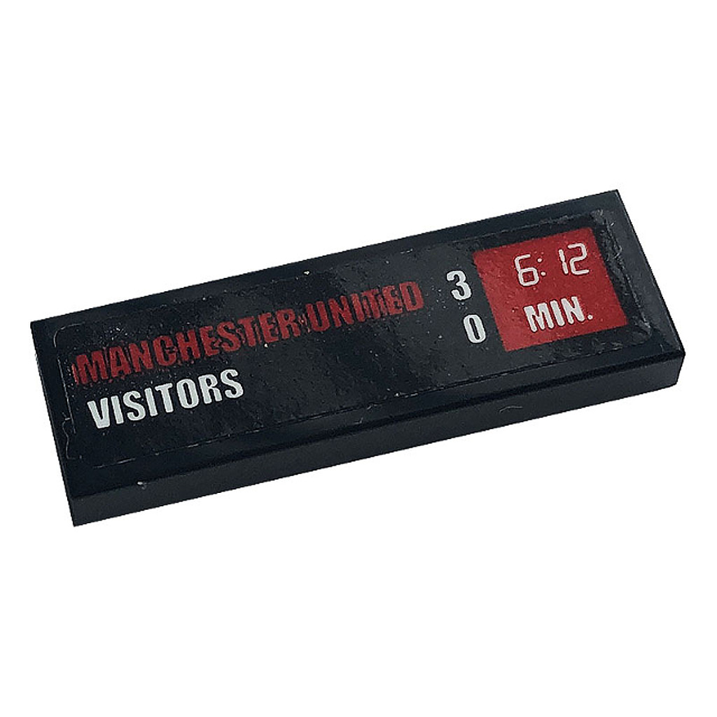 Brick2cube Part - Tile 1 x 3 with 'MANCHESTER UNITED 3', 'VISITORS 0' and Clock with '6:12 MIN' Patt