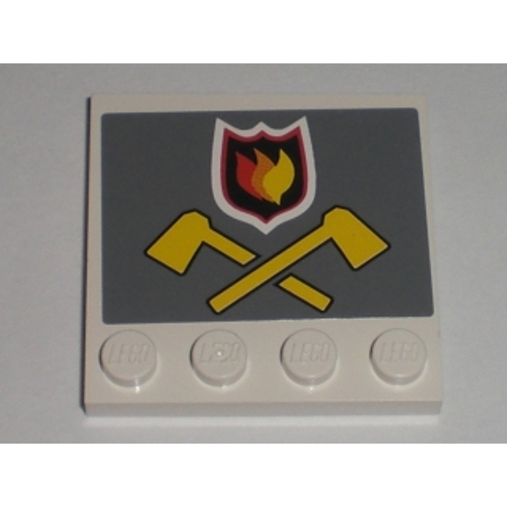Brick2cube Part - Tile, Modified 4 x 4 with Studs on Edge with Fire Logo Badge and Crossed Yellow Ax