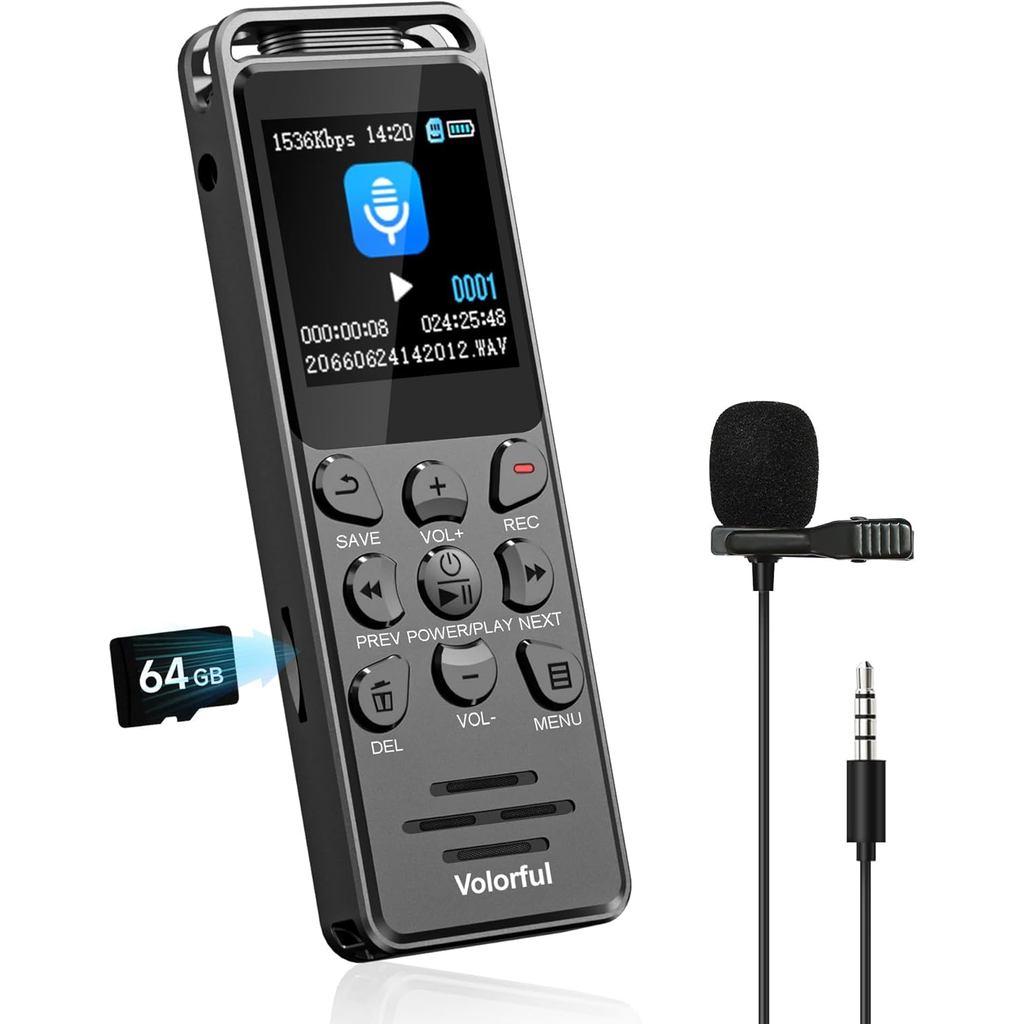 Volorful Voice Recorder, Small, 80 GB Large Capacity, 70 Hours Continuous Recording, IC Recorder, Lo