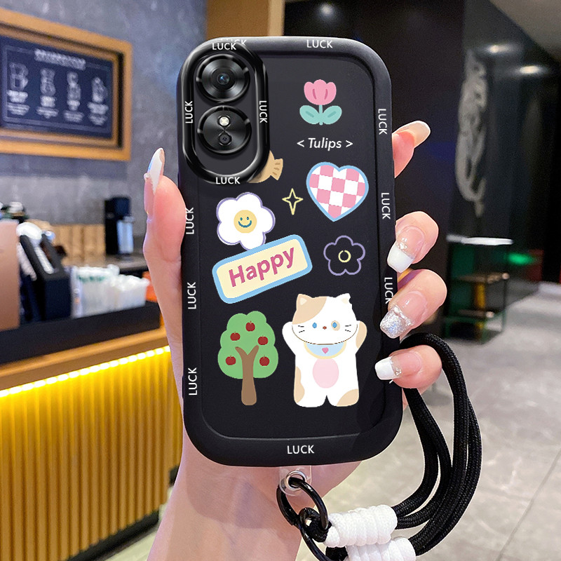 เคสสำหรับ OPPO A17 A17K เคสโทรศัพท์แมวกระต่ายดอกไม้ซิลิโคนสายคล้องกันกระแทก
