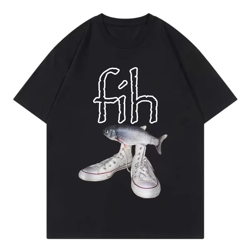 เสื้อยืดผู้ชายอินเทรนด์สไตล์ตลก Fih รองเท้ากราฟิก T เสื้อ Misspelled Fish Meme เสื้อยืด