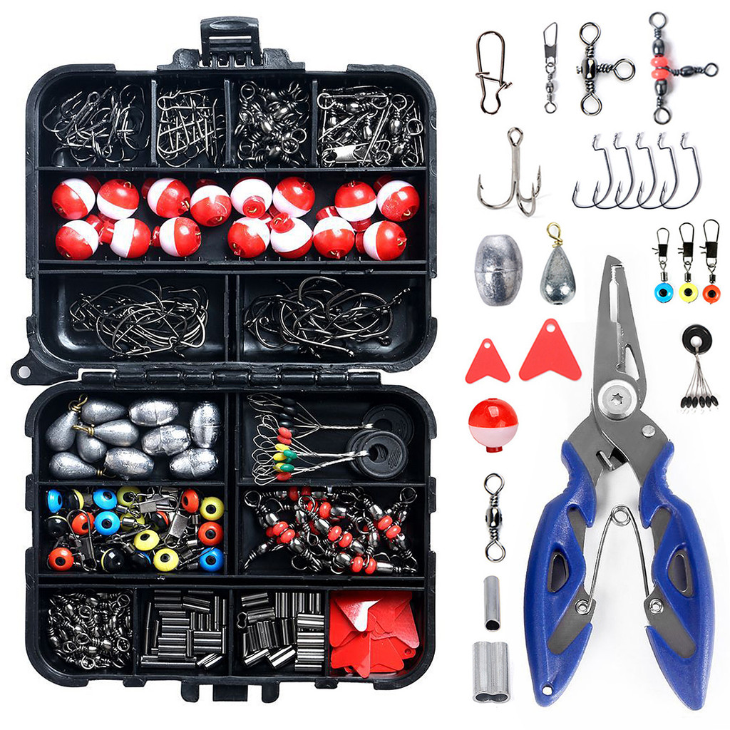 263 ชิ้นอุปกรณ์ตกปลาชุดกล่องรอกรวมทั้ง Plier Jig Hooks Sinker น้ําหนักหมุน Snaps สไลด์