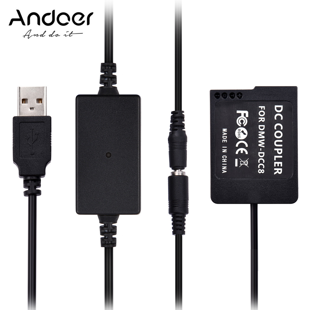 Andoer DMW-DCC8 USB Power Kit DC Coupler Dummy แบตเตอรี่แทนที่ DMW-BLC12 พร้อมสายแปลงอินพุตเดี่ยวเข้