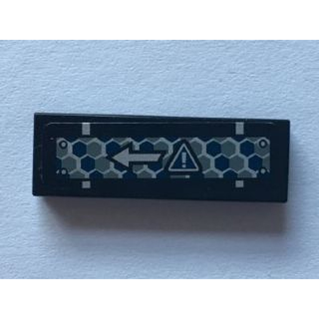 Brick2cube Part - Tile 1 x 3 with Warning Sign and Arrow on Blue and Silver Hexagons Pattern (Sticke