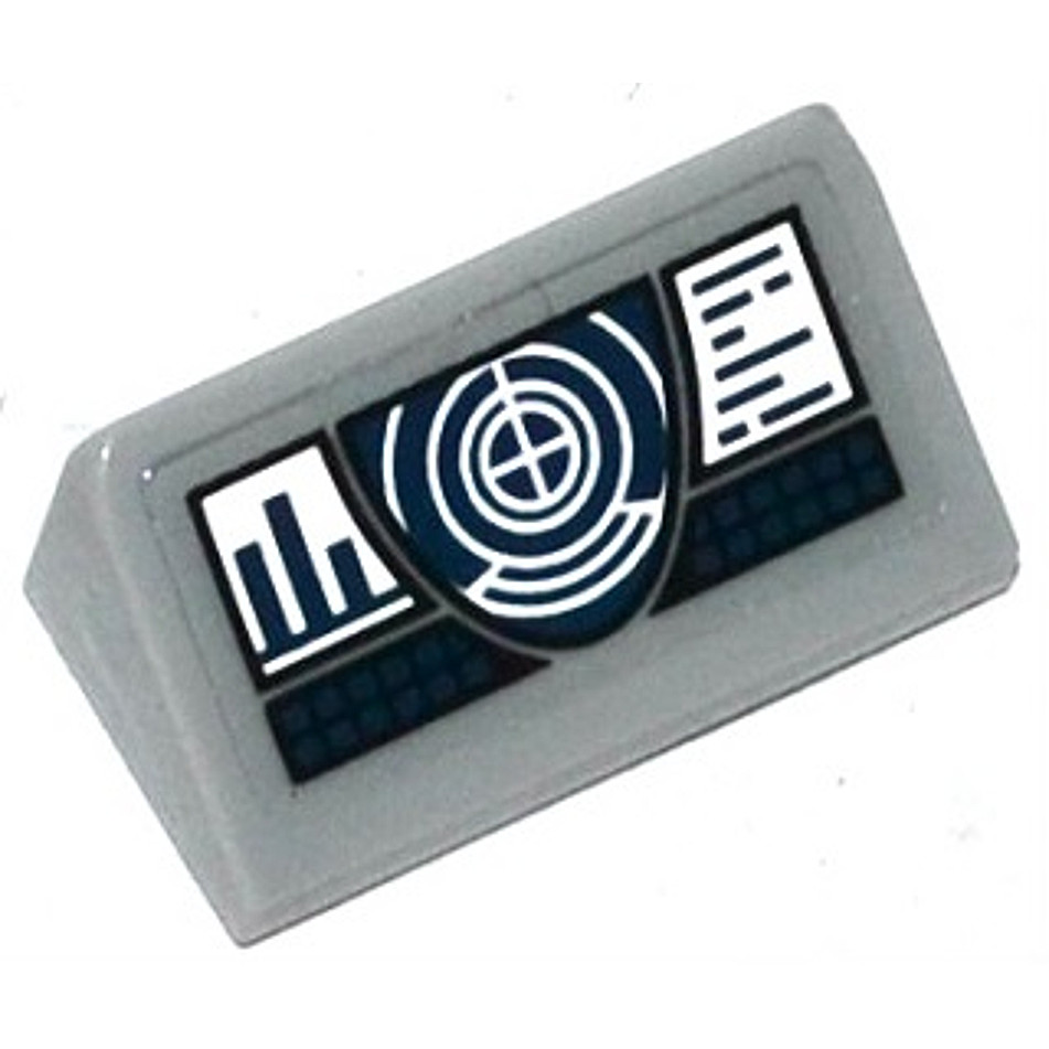 Brick2cube Part - Slope 30 1 x 2 x 2/3 with White Target, Screens and Dark Blue Buttons Pattern (Sti