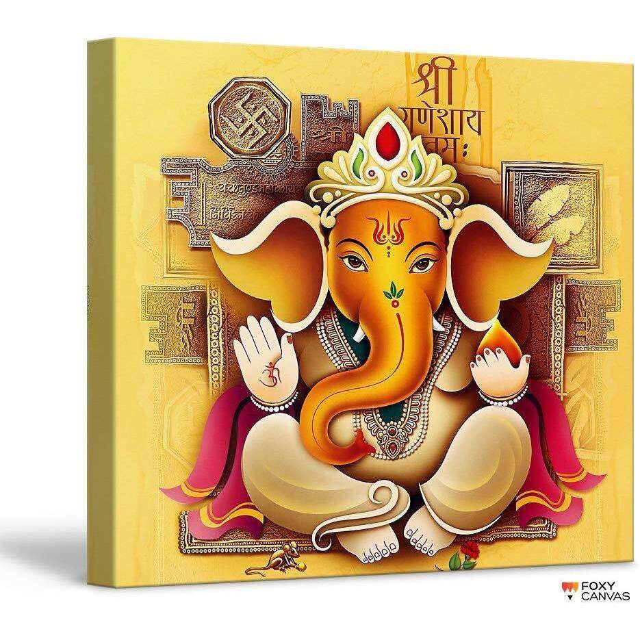 Lord Ganesh Ganpati Hindu พระเจ้าพระพิฆเนศ Giclee ผ้าใบพิมพ์ยืดและกรอบ Wall Art สําหรับตกแต่งบ้านและ