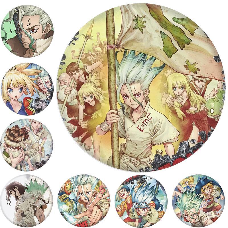 58มม. ดร. หมุดหิน – Senku Ishigami & Stone Wars Series | การออกแบบอนิเมะผจญภัยวิทยาศาสตร์ | ธีมเอาชีวิตรอดทางยุคก่อนประวัติศาสตร์ | ป้ายสะสมสําหรับแฟนๆ