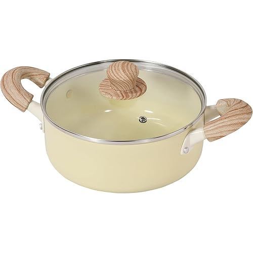 Two-handled pot 20cm 8inch , inner surface ceramic processing, with IH compatible glass lid, pale ye