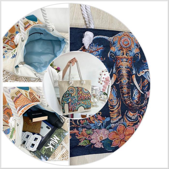 Super Jumbo Canvas Tote Bag 47x42cm Womens elephant motif thailand bangkok เชือกถักไส้ตะเกียง
