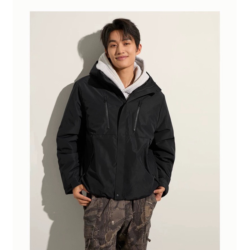 แจ็คเก็ตกันลมกันน้ำ Hollister Stiff สไตล์อบอุ่น สำหรับผู้ชาย แบบมีฮู้ด สีดำ