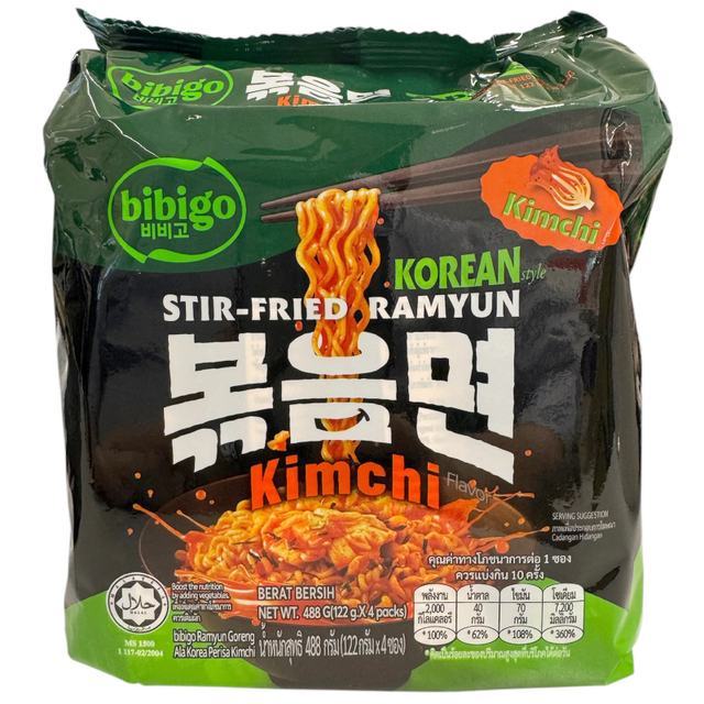 🌴 บิบิโกรามยอนแบบแห้งรสกิมจิ 122กรัม แพ็ค 4 [9555050302891] 💐 Bibigo Kimchi Flavor Stir-Fried Ramyun