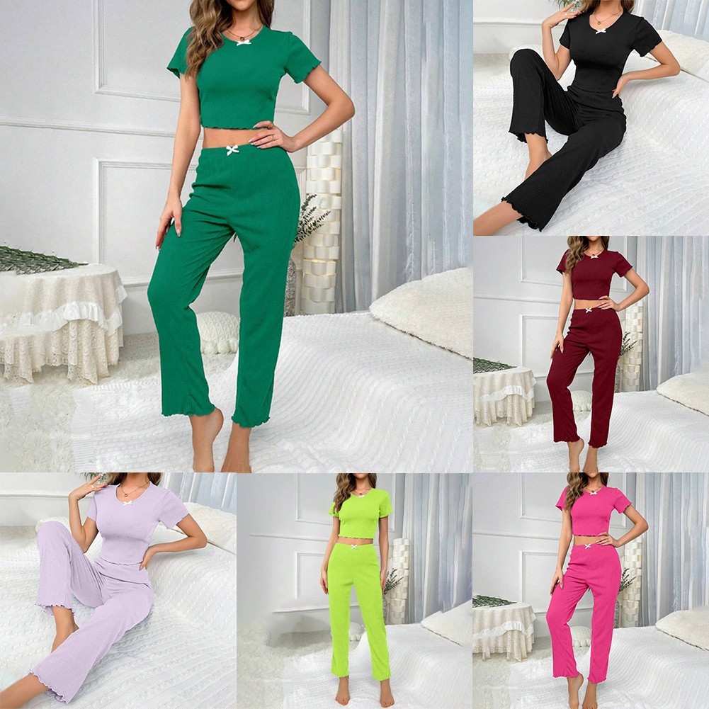⭐สินค้าใหม่⭐Women Homewear Pajamas Short Sleeves Top Trousers Pijamas Sleepwear Loungewear