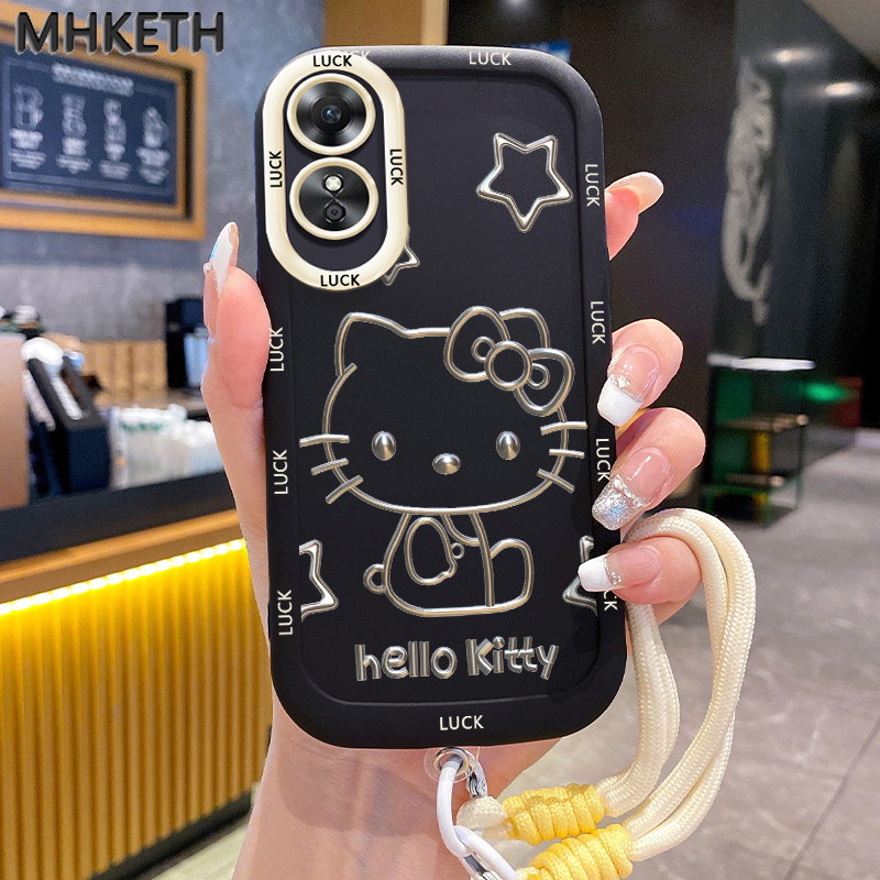 MHKETH เคสสำหรับ OPPO A17 A17K เคสเชือกแขวนสีตัดกันรูปแมวการ์ตูนเคสโทรศัพท์ซิลิโคน