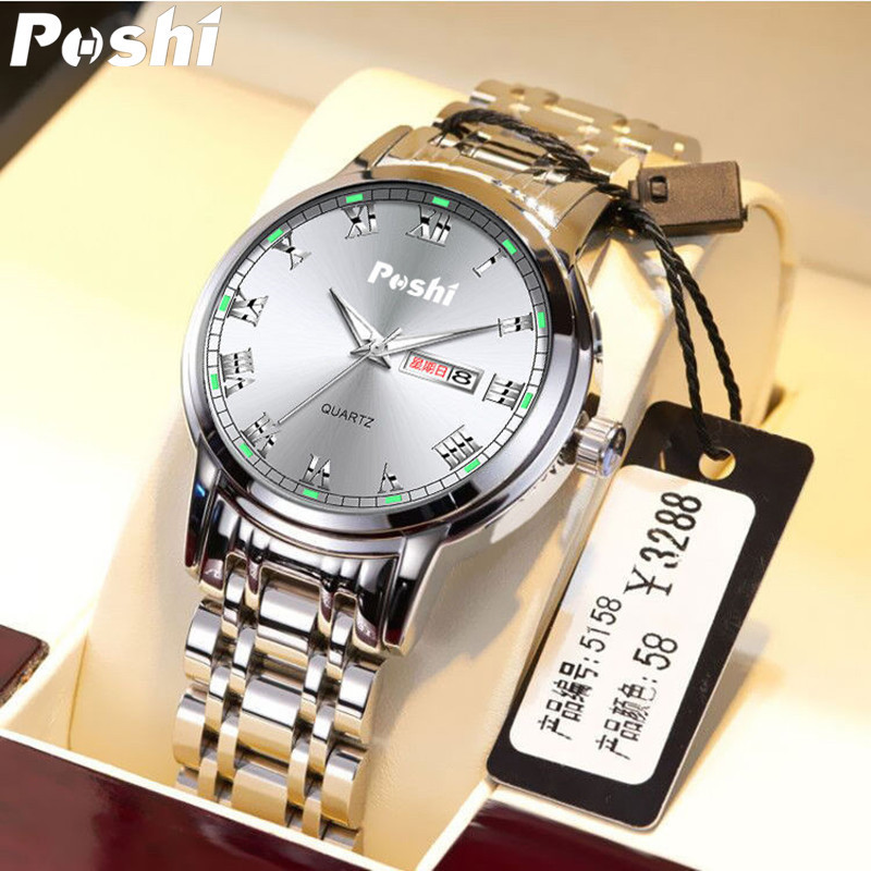 POSHI Mens Waterproof Luminous Business Watches Date Mens Wrist Watch Stainless Steel