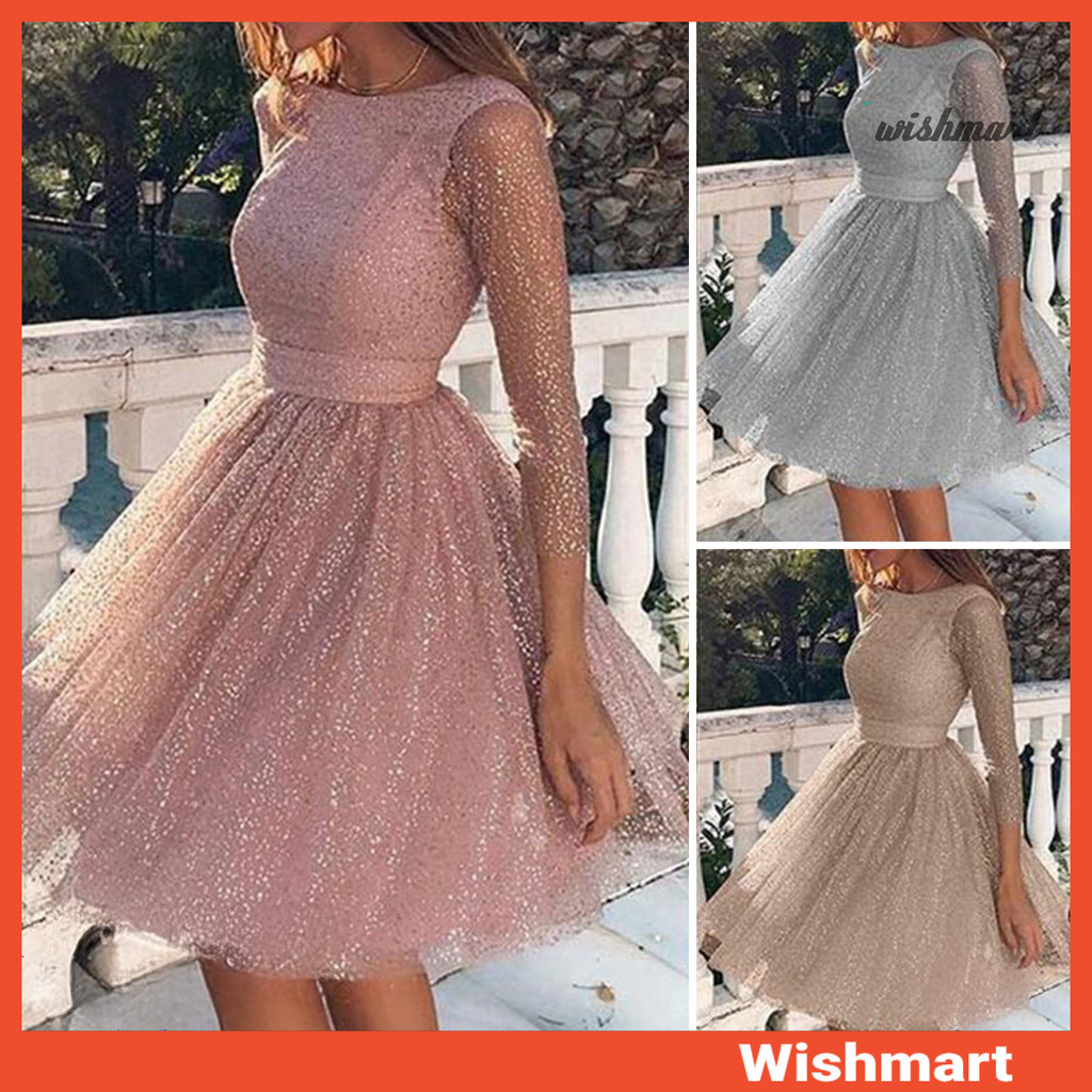 [wishmart] Glitter Starry Tulle Prom Dress สําหรับผู้หญิงแขนยาวลูกเรือคอชุดราตรีอย่างเป็นทางการตาข่า