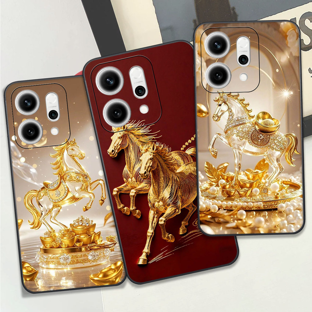เคส Oppo Reno 14 5G / Reno 14 Pro 5G / Reno 14F พร้อมเคสโคลเวอร์พิมพ์ลายม้าสีเหลือง