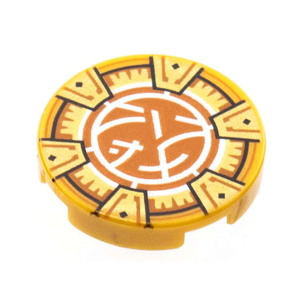 Brick2cube Part - Tile, Round 2 x 2 with Bottom Stud Holder with Gold Frame with 6 Chevrons, Dark Or