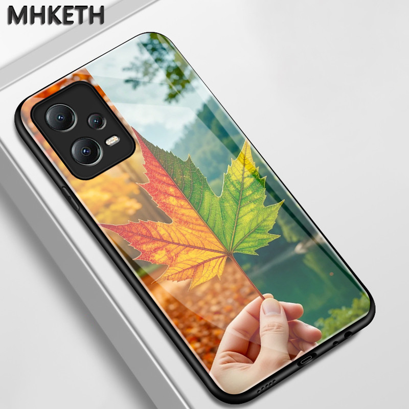 เคสสำหรับ Xiaomi Redmi Note 12 5G 12 Pro Note 13 5G 13 Pro POCO X5 เคสโทรศัพท์แก้วลายใบเมเปิลระเบิด