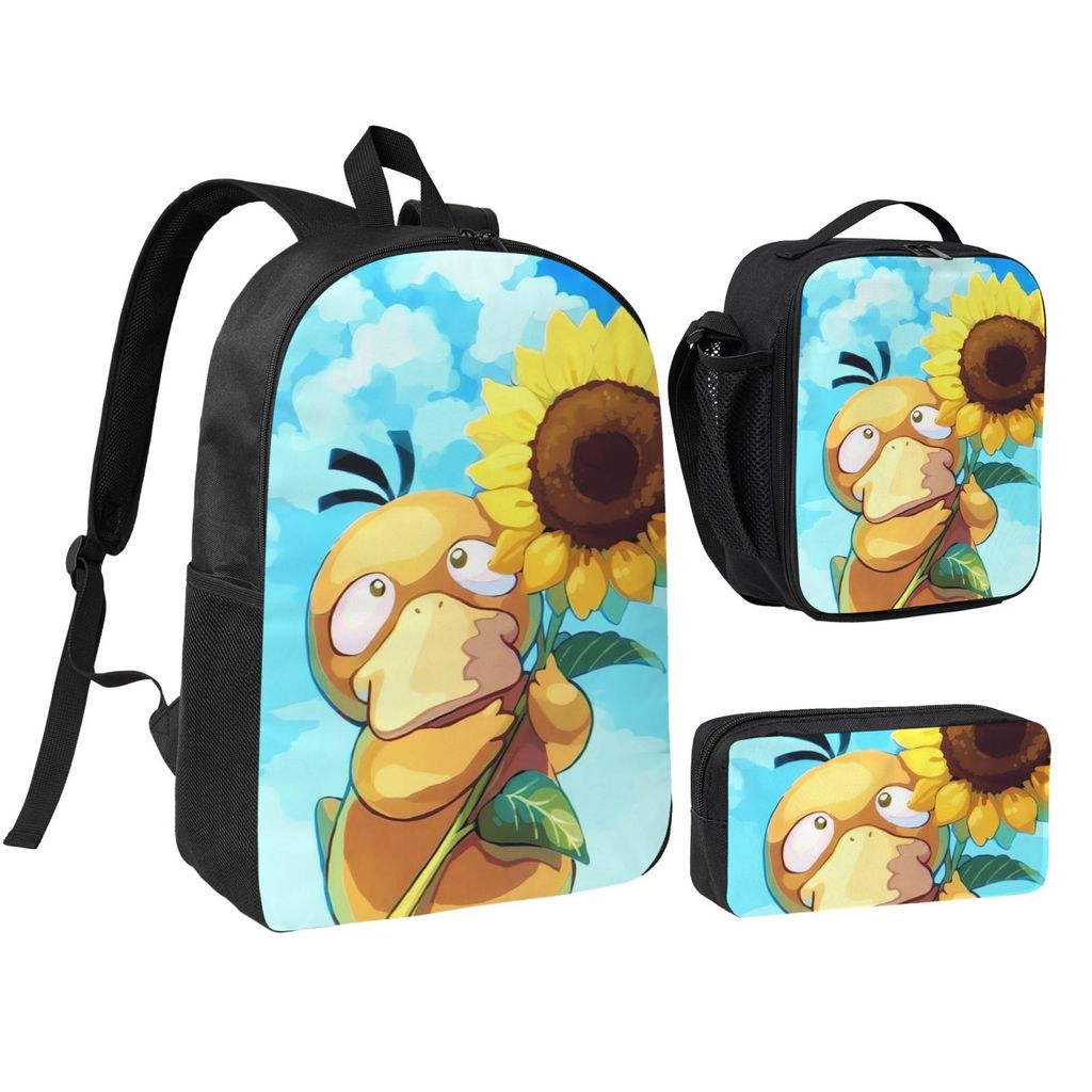 Psyduck พิมพ์กระเป๋าเป้สะพายหลังชุด 3 ชิ้นสําหรับชายหญิง 17 นิ้ว Bookbags ไหล่ถุงอาหารกลางวันและปากก
