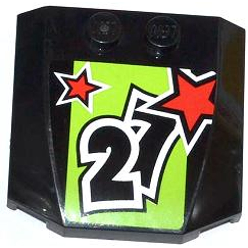 Brick2cube Part - Wedge 4 x 4 x 2/3 Triple Curved with 2 Red Stars and '27' on Lime Background Patte