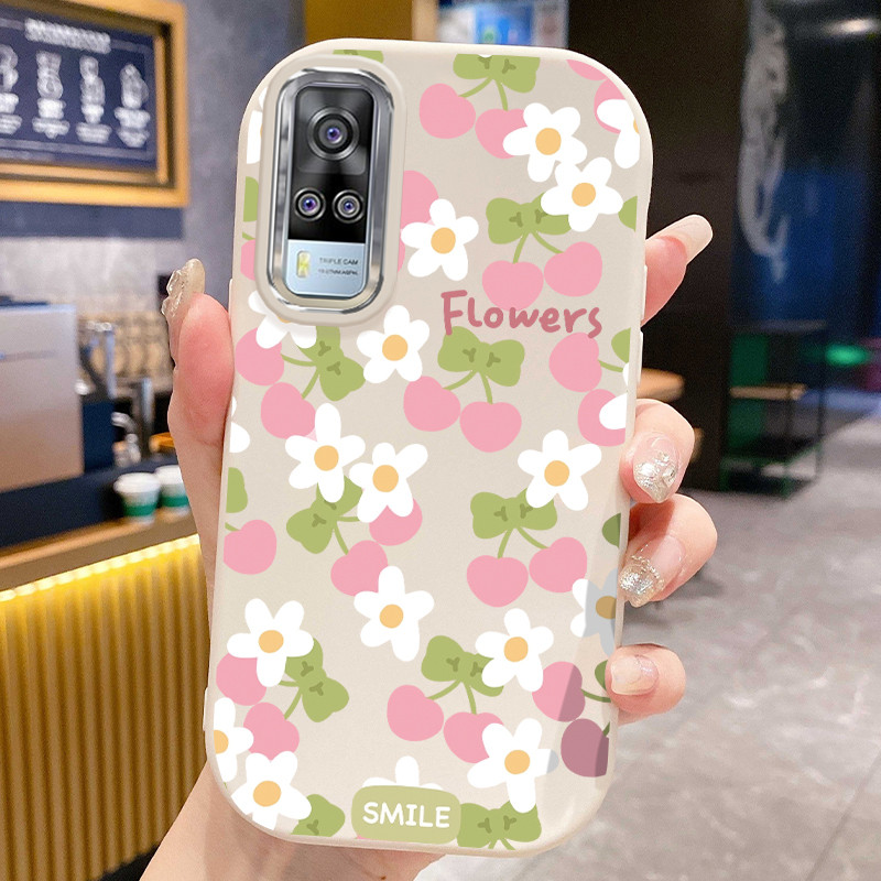 เคสสำหรับ VIVO Y51 2020 Y31 2020 Y51A 2020 Y53s Y33 เคสโทรศัพท์เชอร์รี่ดอกไม้กันกระแทกกลมและอ้วน